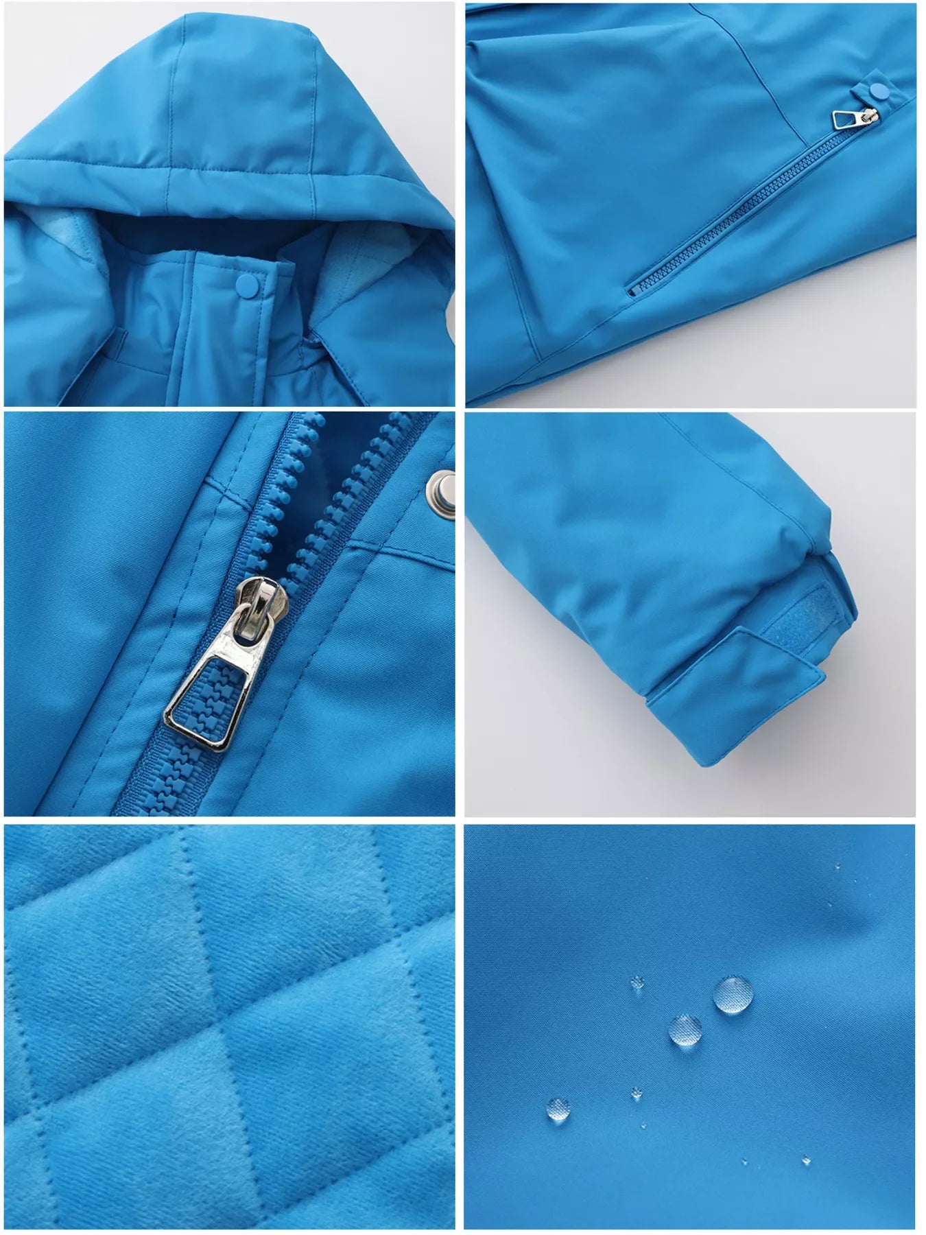 Bright blue quilted waterproof Daverri Fashions hooded windproof coat