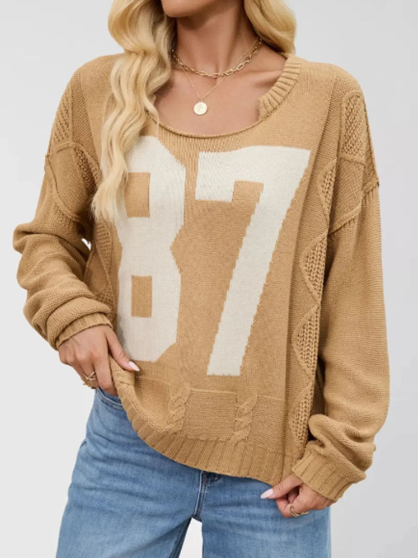 Number 87 Oversized Cable Knit Sweater - DAVERRI FASHIONS