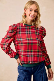 BiBi Christmas Plaid Exaggerated Shoulder Sleeves Top | Tops Daverri Fashions