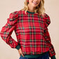 BiBi Christmas Plaid Exaggerated Shoulder Sleeves Top - DAVERRI FASHIONS