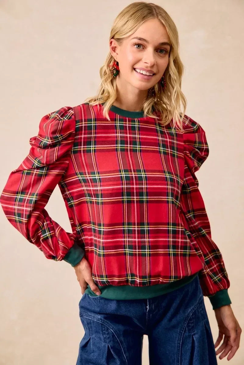 BiBi Christmas Plaid Exaggerated Shoulder Sleeves Top - DAVERRI FASHIONS