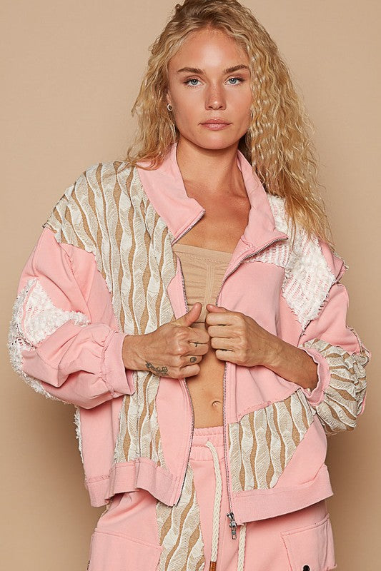 POL Applique Patchwork Zip Up Jacket Watermelon pink S