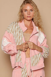 POL Applique Patchwork Zip Up Jacket Watermelon pink