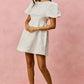 White textured puff-sleeve SO ME floral jacquard mini dress
