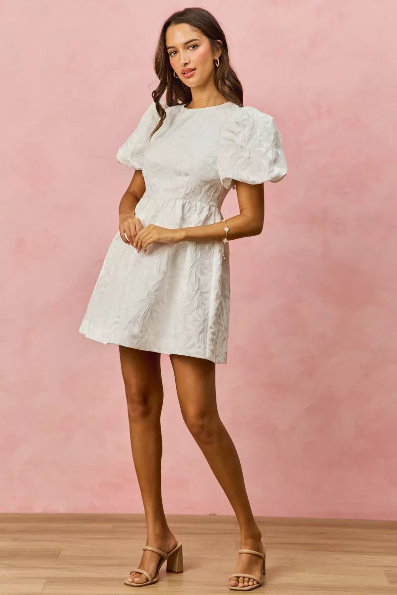 White textured puff-sleeve SO ME floral jacquard mini dress