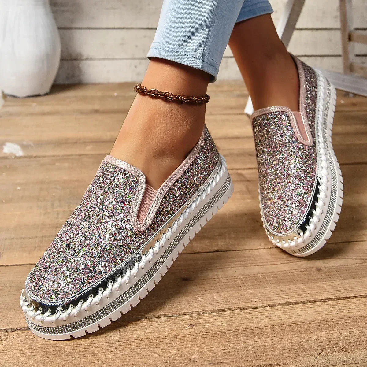 Rhinestone Round Toe Platform Loafers - DAVERRI FASHIONS