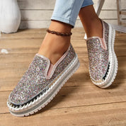 Rhinestone Round Toe Platform Loafers - DAVERRI FASHIONS