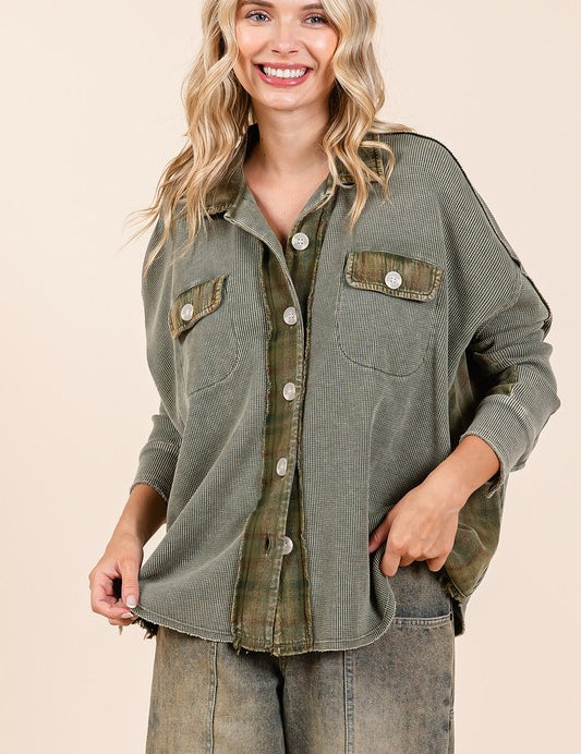 Mittoshop Mineral Washed Plaid Button Down Shacket Tops