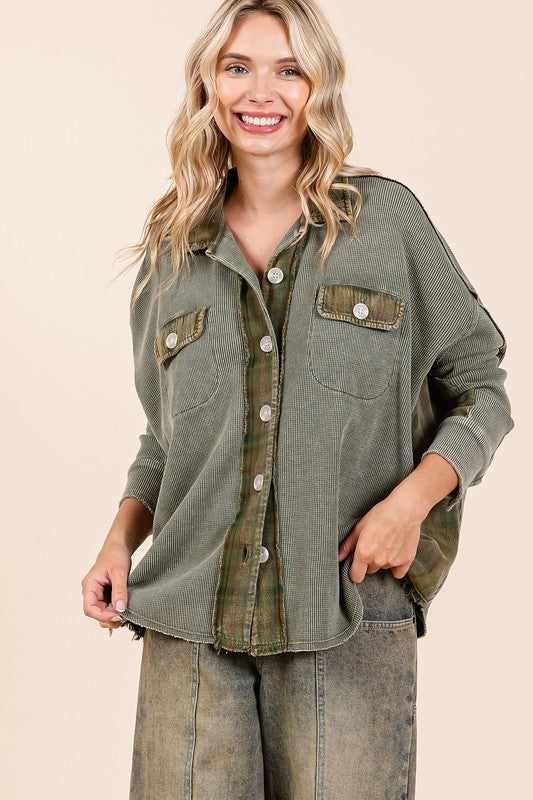 Mittoshop Mineral Washed Plaid Button Down Shacket Tops