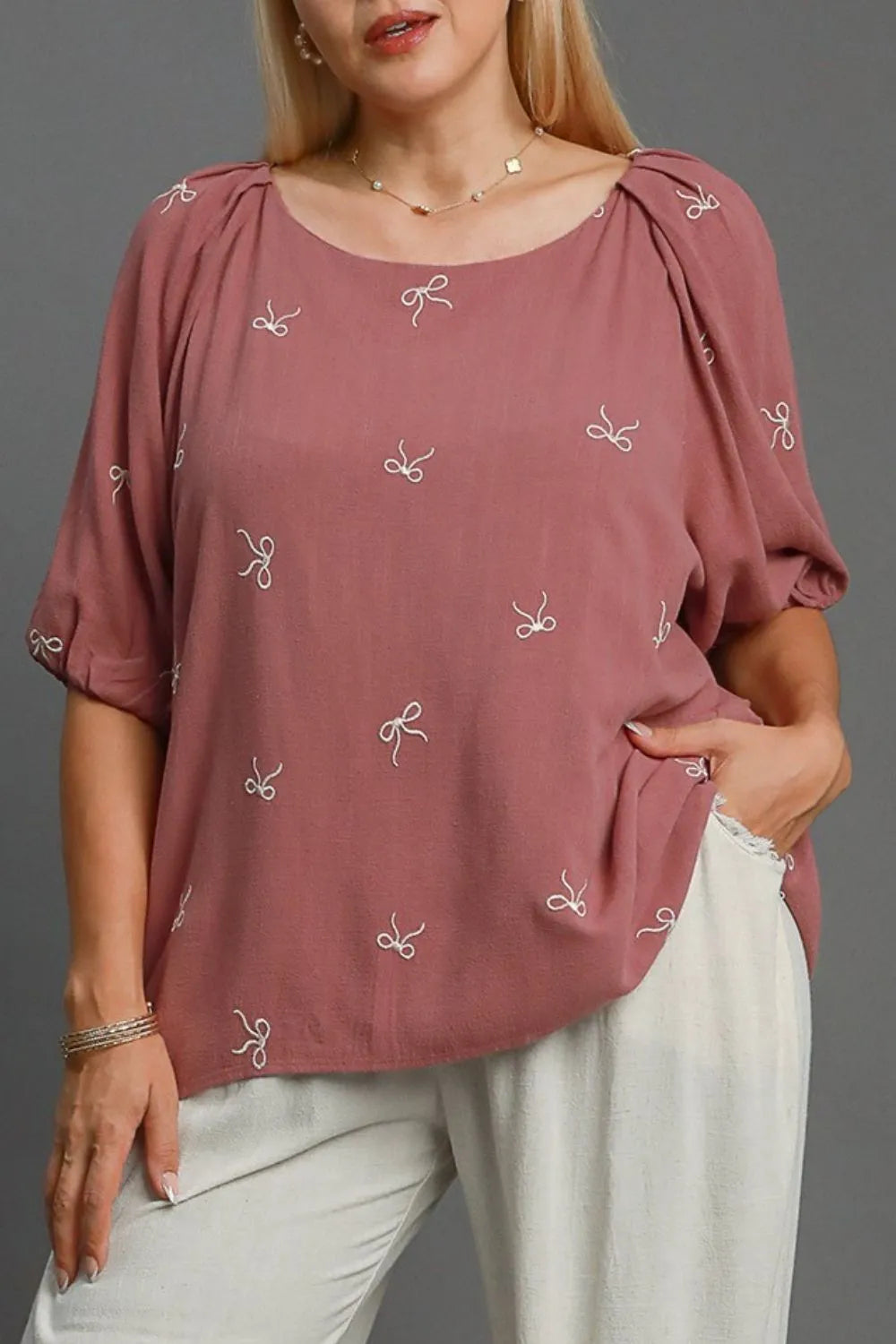 Umgee Full Size Linen Blend Ribbon Embroidered Top Plus Size | Daverri Fashions
