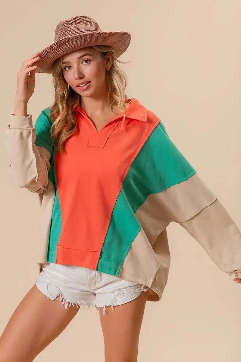 BiBi Colorblock Exposed Seam French Terry Sweatshirt - DAVERRI FASHIONS