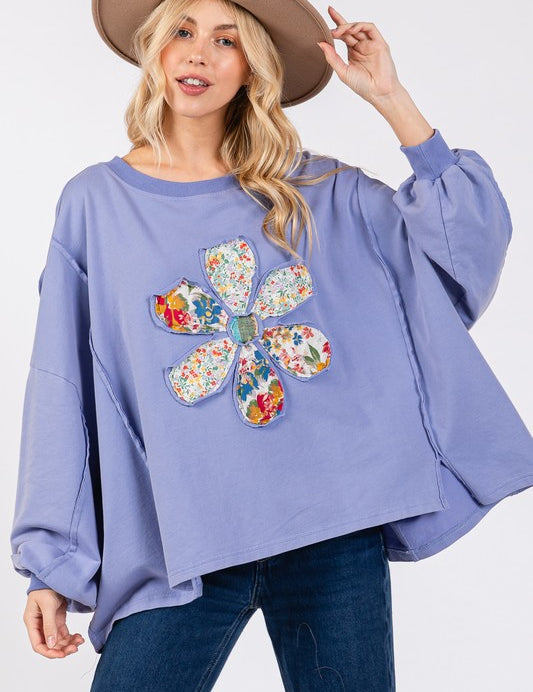 SAGE + FIG Flower Patch Dropped Shoulder Oversize Top Blue Purple