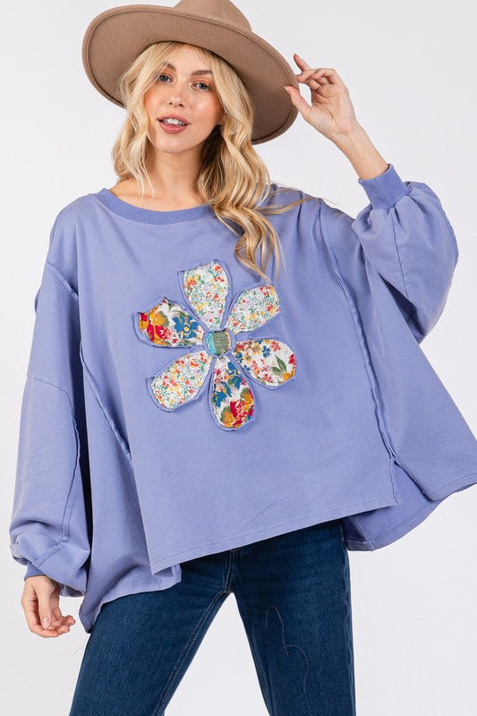 SAGE + FIG Flower Patch Dropped Shoulder Oversize Top Blue Purple