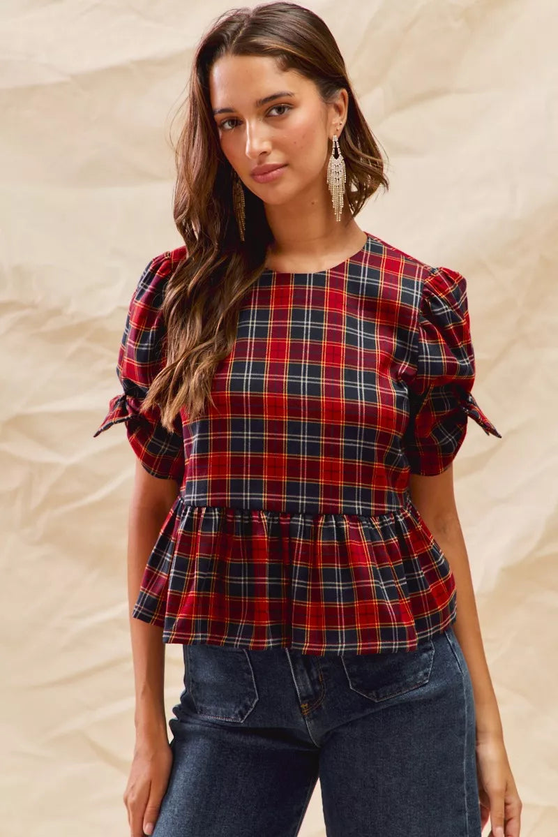 SO ME Christmas Holiday Plaid Ribbon Short Sleeves Top | Blouses Daverri Fashions