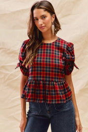SO ME Christmas Holiday Plaid Ribbon Short Sleeves Top | Blouses Daverri Fashions