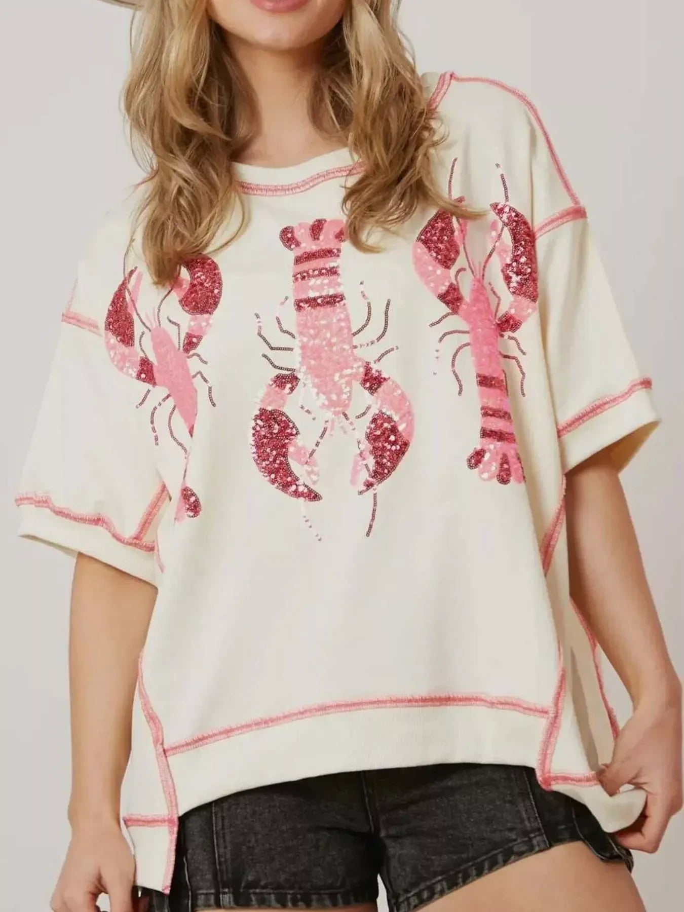 Sequin Lobster Half Sleeve T-Shirt - DAVERRI FASHIONS