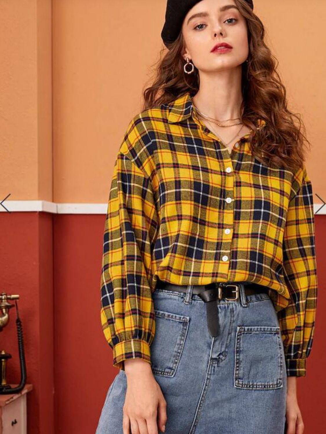Daverri yellow and black plaid button-down shirt with long sleeves