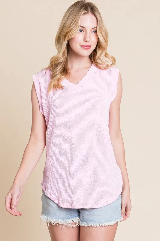 BOMBOM Rib Knit V-Neck Tank PINK
