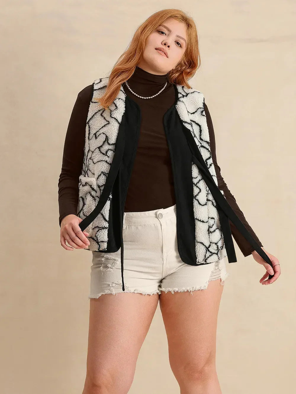 Plus Size Tied Sherpa Vest Coat with Pockets - DAVERRI FASHIONS