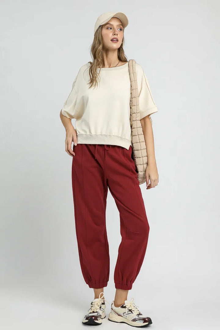 Umgee Fleece Jogger Pants with Drawstring Burgundy | Joggers Daverri Fashions