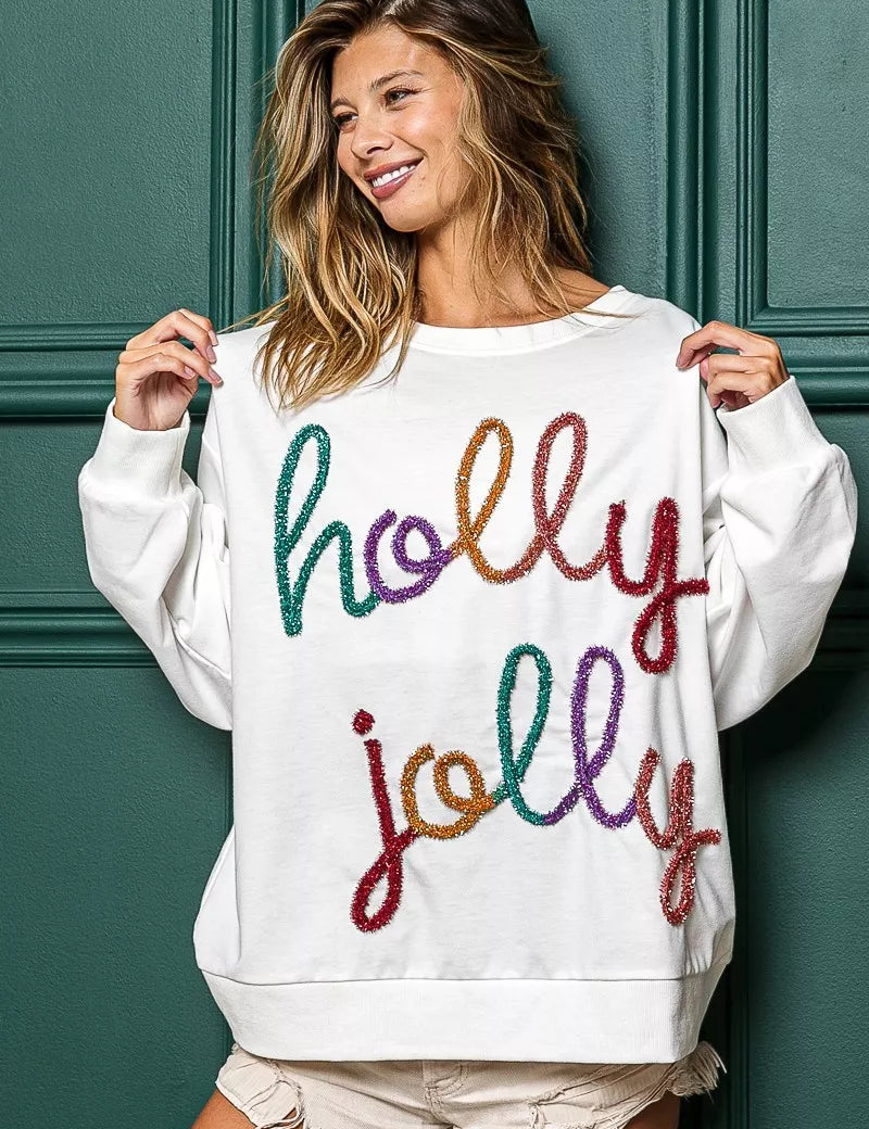 OFF WHITE BiBi Holly Jolly Christmas French Terry Sweatshirt | Sweatshirts Daverri Fashions