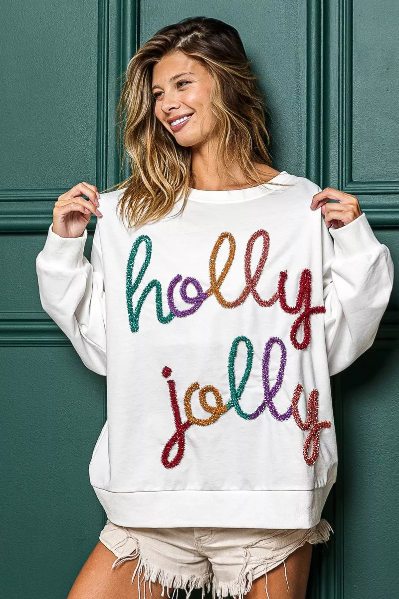 OFF WHITE BiBi Holly Jolly Christmas French Terry Sweatshirt | Sweatshirts Daverri Fashions