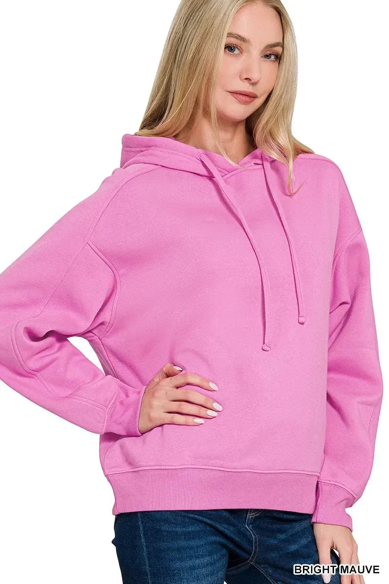 Zenana Drawstring Relaxed Fit Fleece Hoodie Bright Mauve - DAVERRI FASHIONS