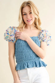BLUE And The Why Embellishment Sleeve Smocked Top | Tops Daverri Fashions