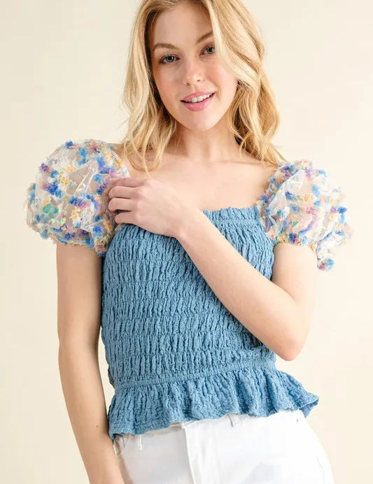 BLUE And The Why Embellishment Sleeve Smocked Top | Tops Daverri Fashions