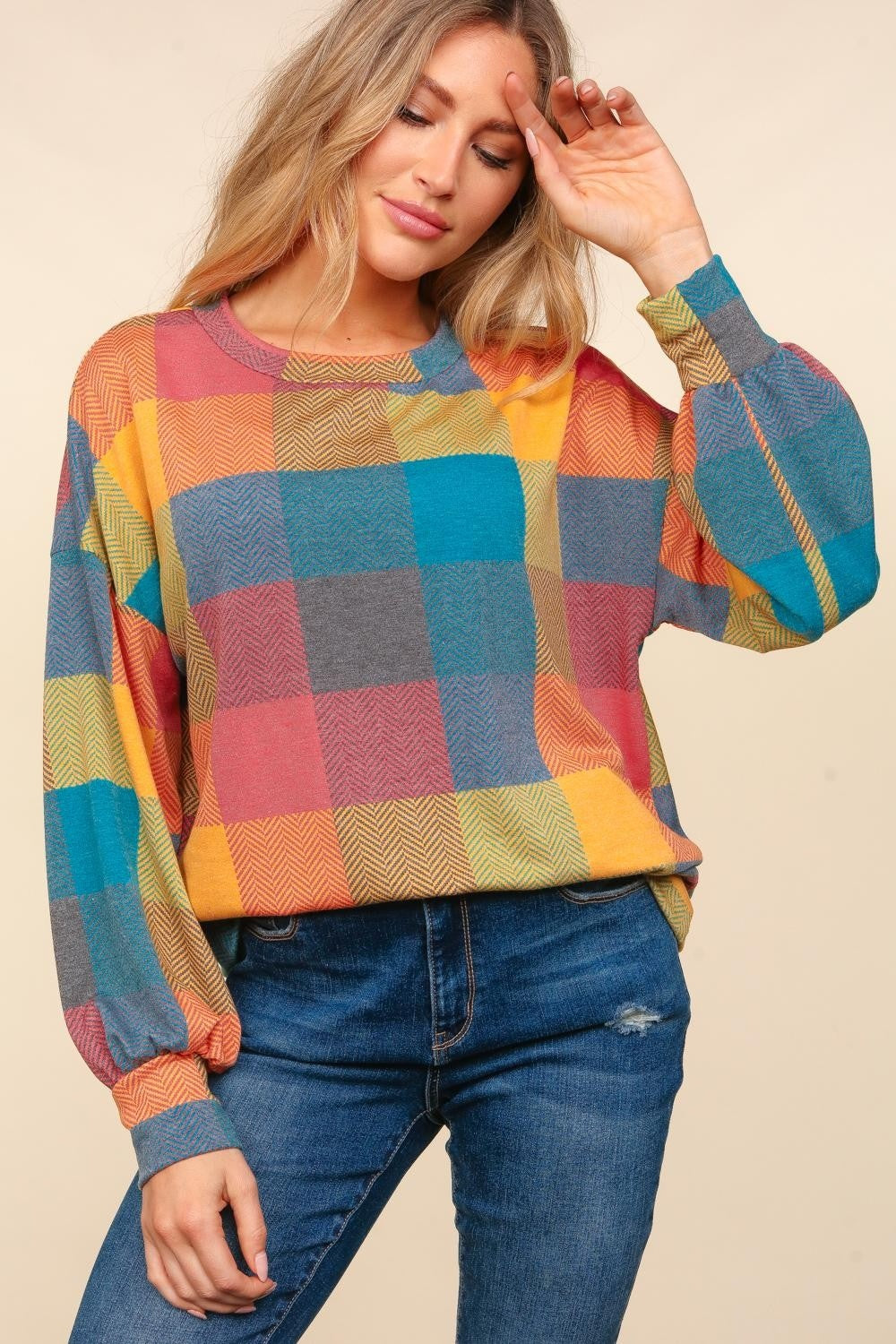 Haptics Round Neck Color Block Plaid Top Tops