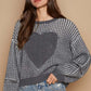 POL Round Neck Heart Patch Zipper Point Sleeve Sweater Charcoal