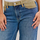 Judy Blue mid-rise column straight jeans back with blue denim, tan corduroy waistband and pockets