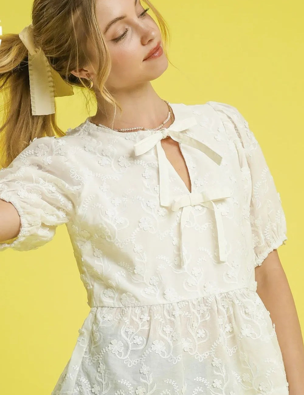 Cream Umgee Embroidered Tie Front Peplum Blouse | Daverri Fashions
