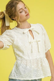 Cream Umgee Embroidered Tie Front Peplum Blouse | Daverri Fashions