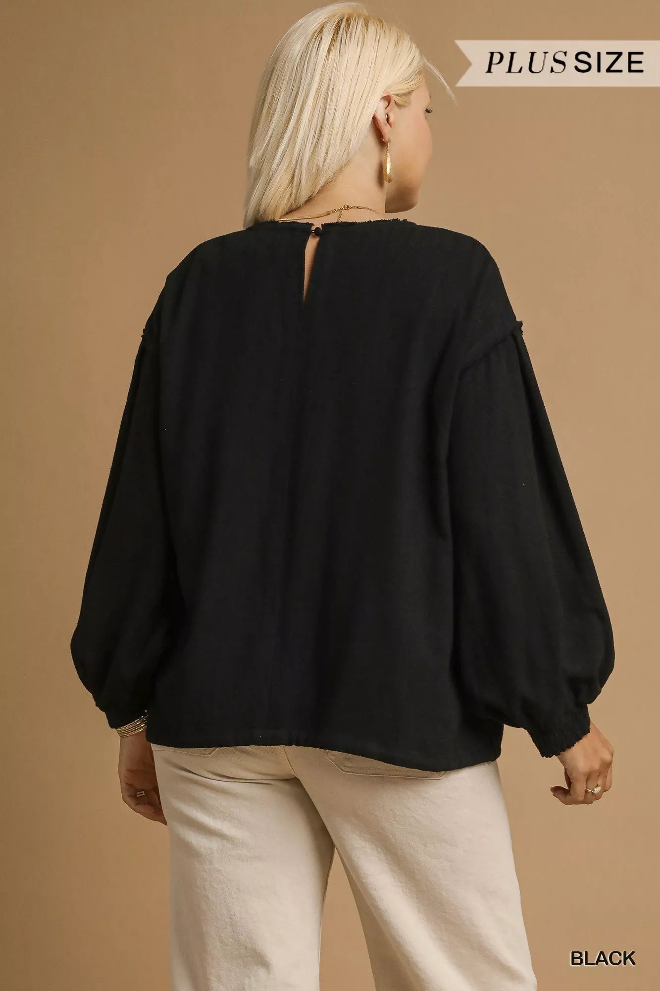Umgee Full Size Linen Long Sleeve Top with Drawstring Plus Size | Blouses Daverri Fashions