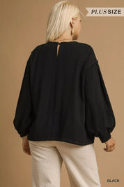 Umgee Full Size Linen Long Sleeve Top with Drawstring Plus Size | Blouses Daverri Fashions