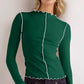 Daverri contrast trim mock neck long sleeve green T-shirt