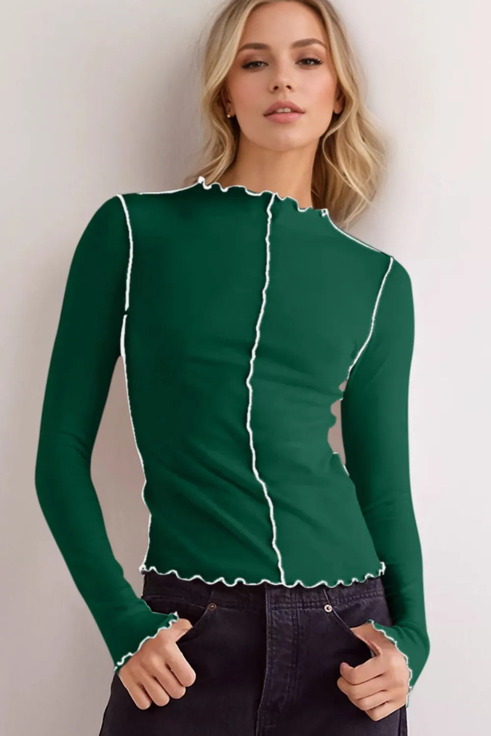 Daverri contrast trim mock neck long sleeve green T-shirt