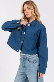 bytos Button Down Cropped Denim Jacket with Patch Pockets | Daverri Fashions