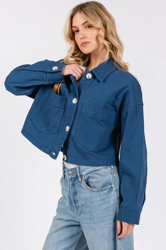 bytos Button Down Cropped Denim Jacket with Patch Pockets | Daverri Fashions