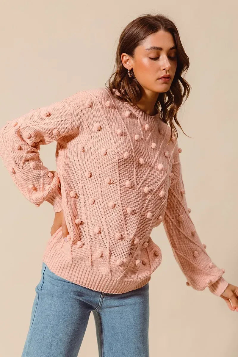 SO ME Pom Pom Textured Knit Sweater Top - DAVERRI FASHIONS