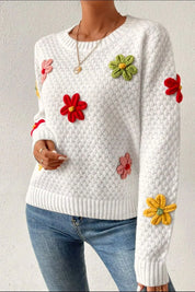White Crochet Flower Round Neck Long Sleeve Sweater | Sweaters Daverri Fashions