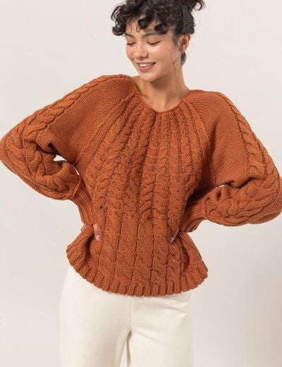 HYFVE Cable-Knit Round Neck Raglan Sleeve Sweater Rust Sweaters