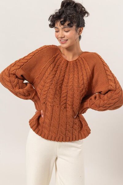 HYFVE Cable-Knit Round Neck Raglan Sleeve Sweater Rust Sweaters