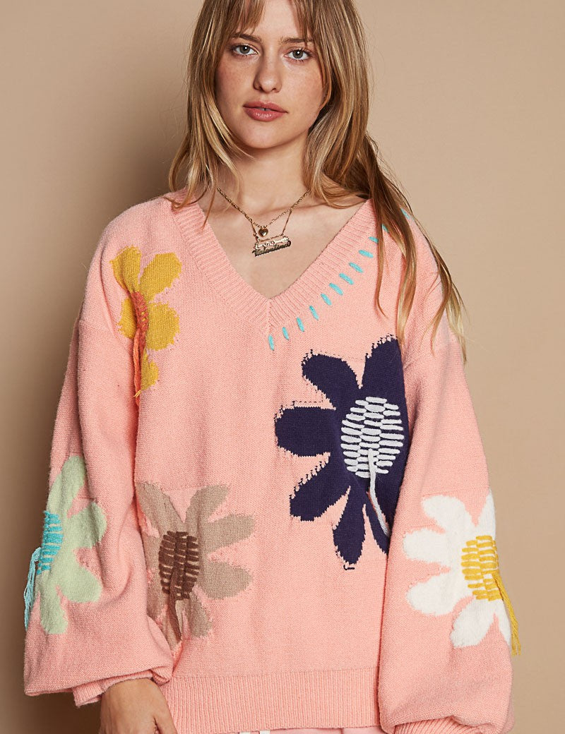 POL V-Neck Long Sleeve Flower Fringe Sweater