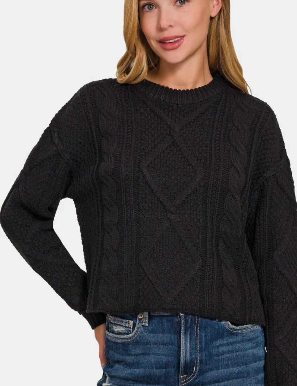 Black Zenana Cropped High Low Cable Sweater with Side Slits | Sweaters Daverri Fashions
