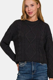 Black Zenana Cropped High Low Cable Sweater with Side Slits | Sweaters Daverri Fashions