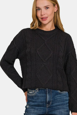 Zenana Cropped High Low Cable Sweater with Side Slits - DAVERRI FASHIONS