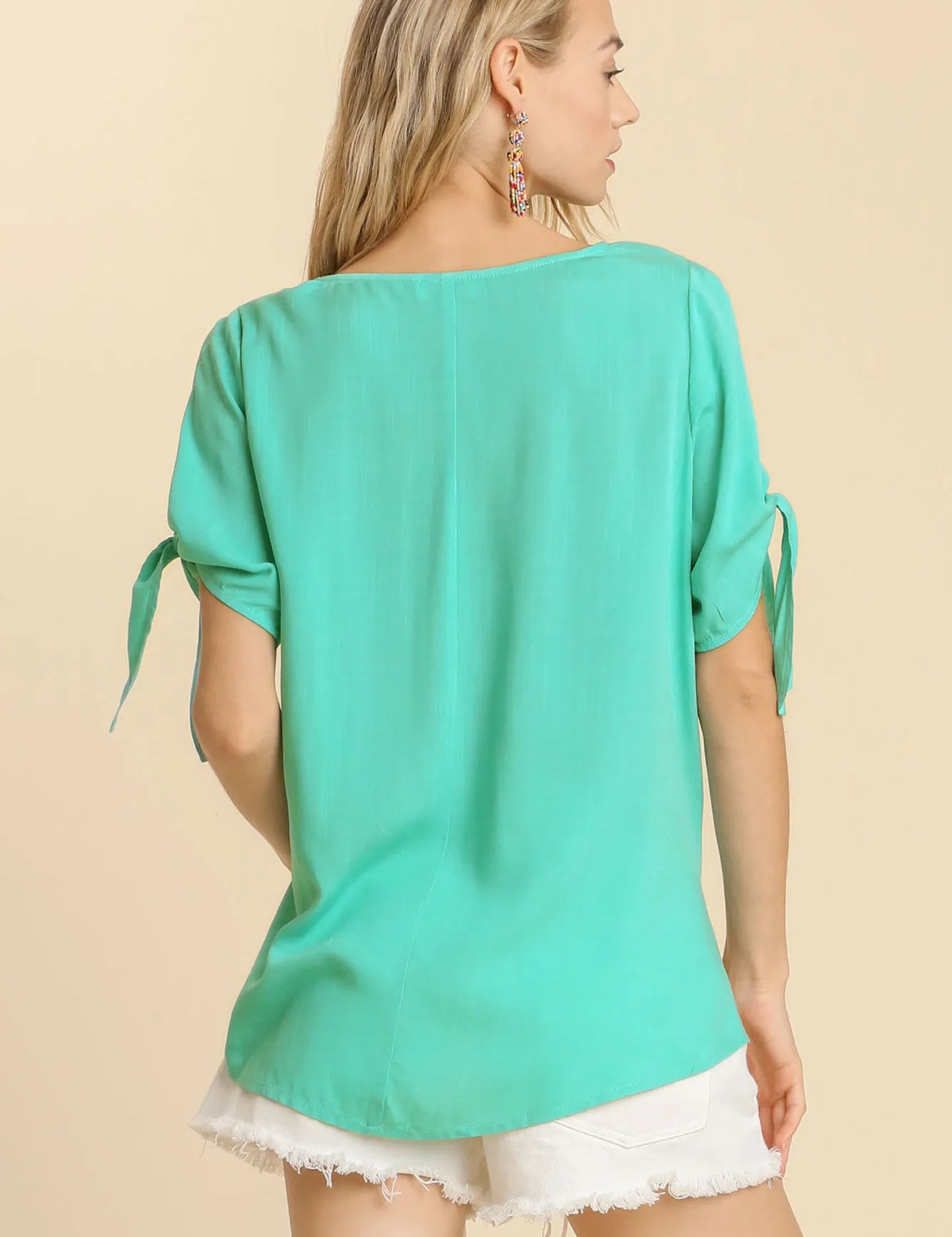 Umgee Cold Shoulder Short Sleeve Round Neck Top with Side Slits and Tie-able Knot Details | Tops Daverri Fashions