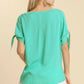 Umgee Cold Shoulder Short Sleeve Round Neck Top with Side Slits and Tie-able Knot Details Tops